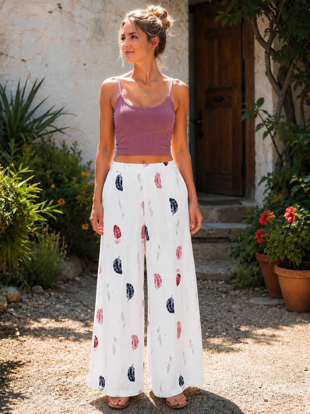 Emery Rose Size L White Feather Print Wide Leg Palazzo Pants High Rise Boho